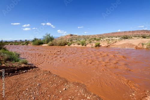 The dry wash is flooded with muddy water after rain storm in Southern Utah desert. 