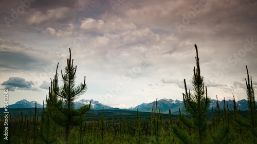 timelapse of the montana treeline with rolling clouds and mountains in the distance