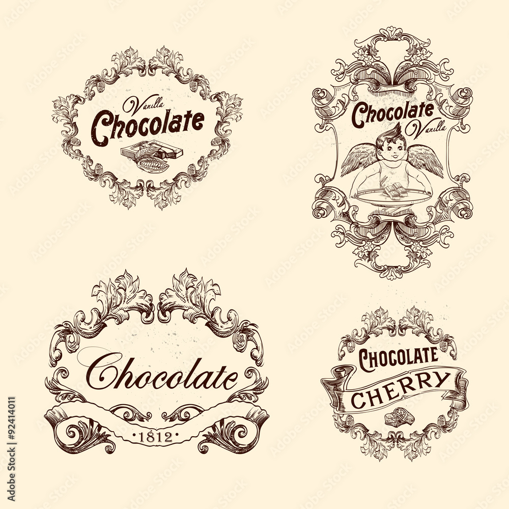 Vector set of chocolate labels, design elements, emblems and badges. Isolated logos illustration in vintage style