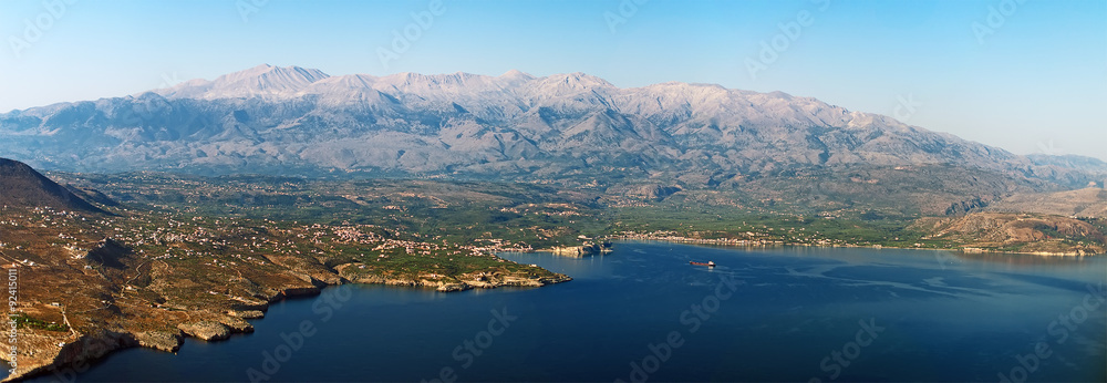 Aerial view of mountains and sea. Panorama.
