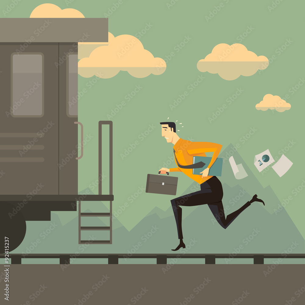 Man running after the train. Business success concept conquering adversity overcoming leadership challenge aspiration ambition motivation hurry up, vector illustration. Man running after the train. Business success concept conquering adversity overcoming leadership challenge aspiration ambition motivation hurry up, vector illustration.