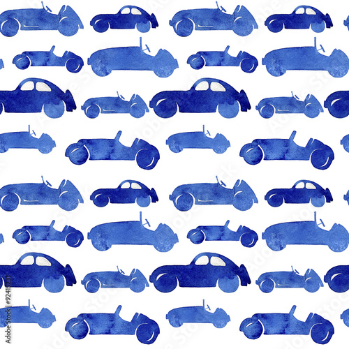 Blue watercolor silhouettes retro cars. Seamless pattern.