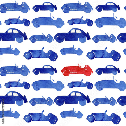 Blue and ren watercolor silhouettes retro cars. Seamless pattern.