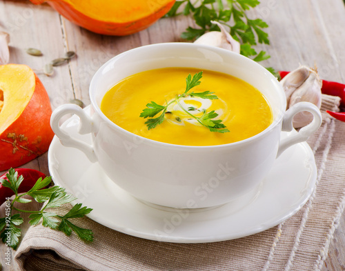 Bowl of spicy pumpkin soup.
