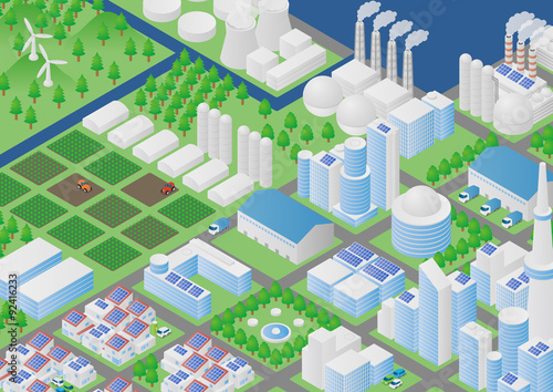 farm and agriculture, country and city, landscape illustration