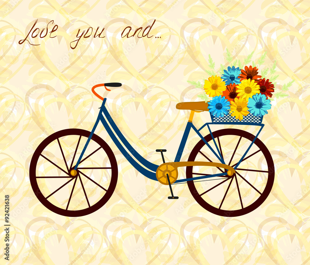Postcard for person, who love bike and woman alike. City bicycle with flowers in basket. Romantic background with hearts and flowers. Vector illustration.  