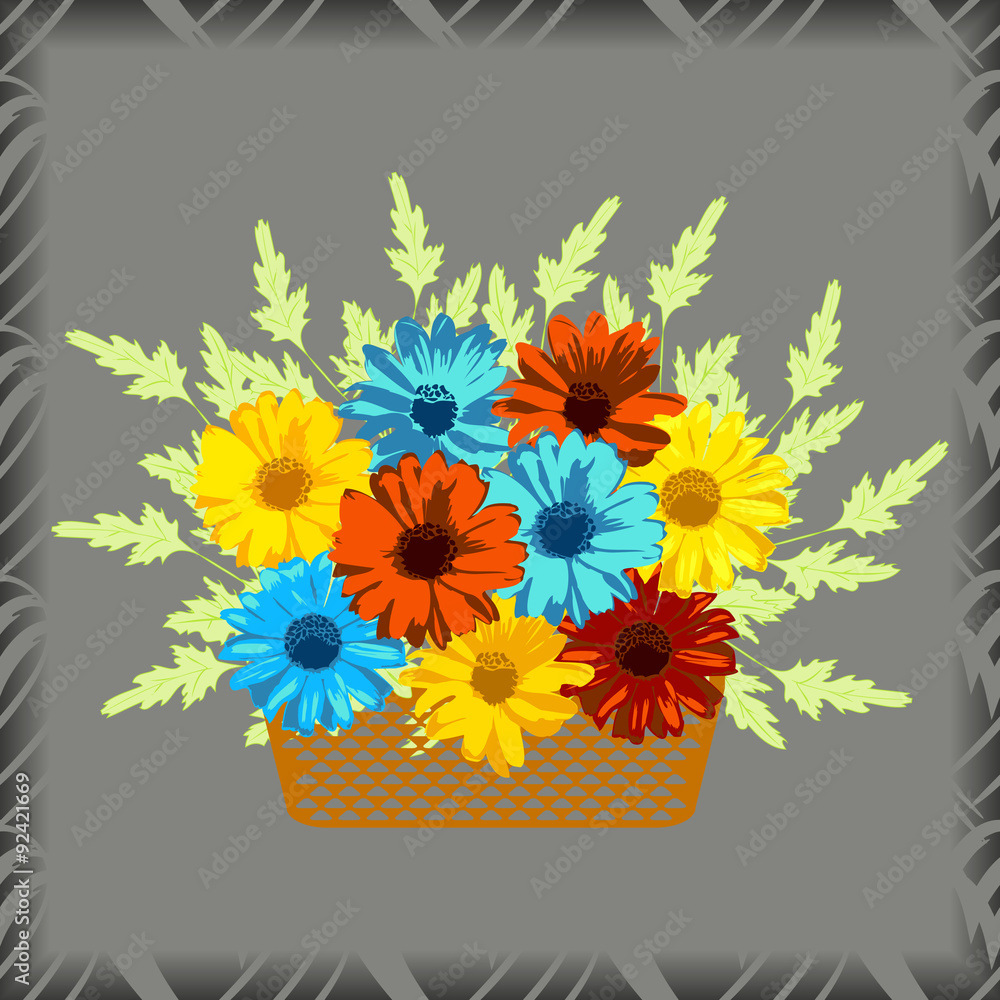 Basket with flowers. Gerberas and chamomiles on grey background. Vector illustration.