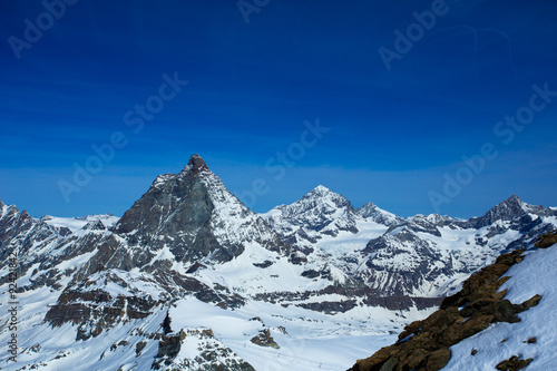 A view of the well-known Matterhorn taken from Klein Matterhorn. Among skiers, the Klein Matterhorn is also known as Matterhorn Glacier Paradise.