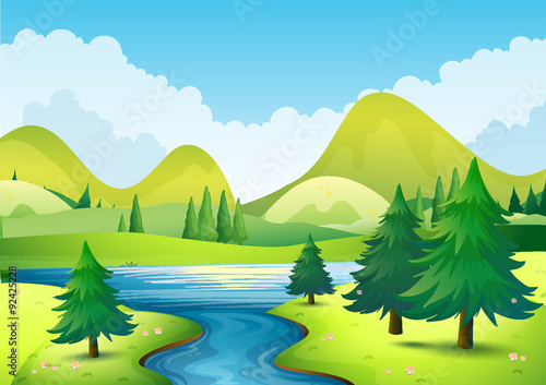 Nature scene with river and hills