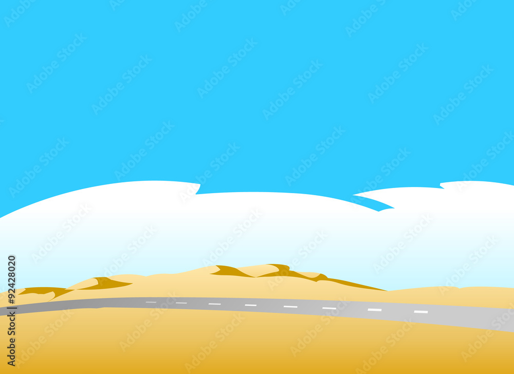Highway into desert.Vector illustration of a road in the deserted landscape, with dunes, a blue sky and clouds in the background.Empty space leaves room for design elements or text.Poster.Background.