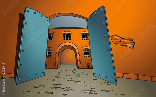 Vector illustration of a open gate with a building in the background. The entrance. Welcome. Cartoon style. Empty space leaves room for design elements or text. Concept. Postcard. Poster. Background.