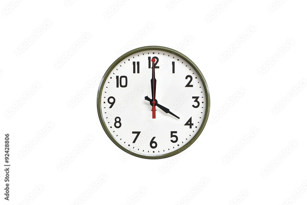 Green wall clock.Four o'clock