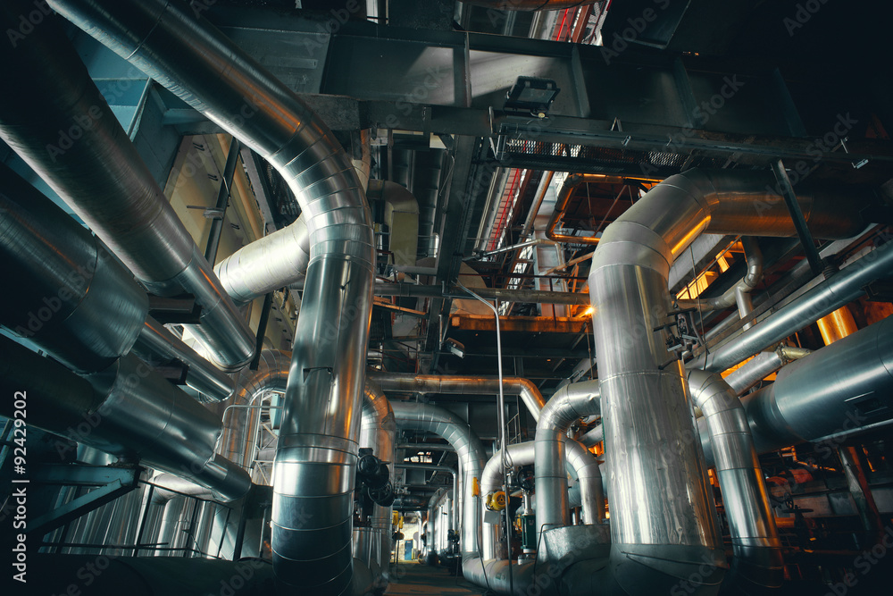 Industrial zone, Steel pipelines in blue tones Industrial zone, Steel pipelines in blue tones