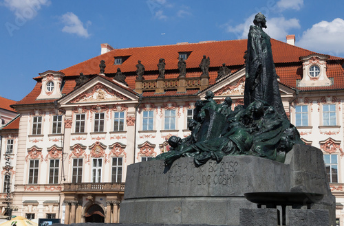 Statue and historic buildings of Old Town Square, Prague 