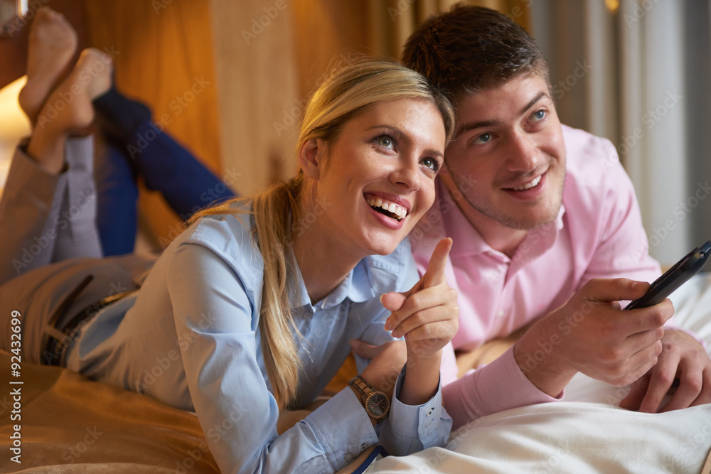 young couple in modern hotel room