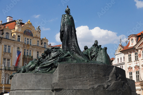 Statue and historic buildings of Old Town Square, Prague 