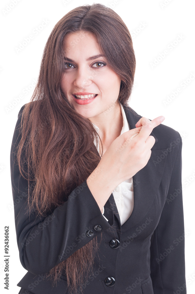 Young business woman making good luck gesture by crossing finger Young business woman making good luck gesture by crossing finger