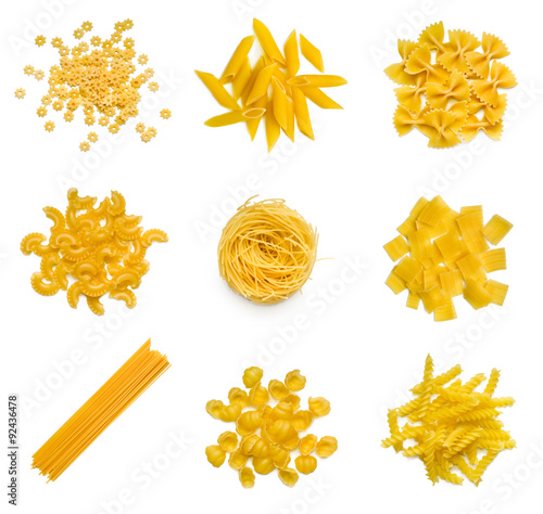Big collection of italian pasta on white