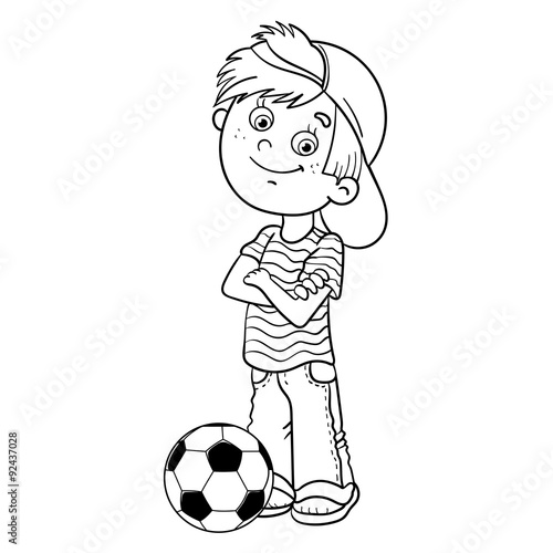 Coloring Page Outline Of a Boy with a soccer ball