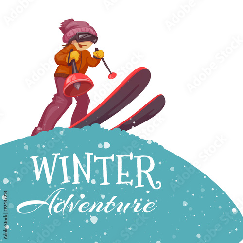 Winter Adventure poster with skier girl. Vector illustration