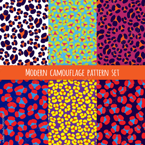 Camouflage animal print repeating illustration. Trendy fashion designs. Vector set of six seamless patterns in bright colors