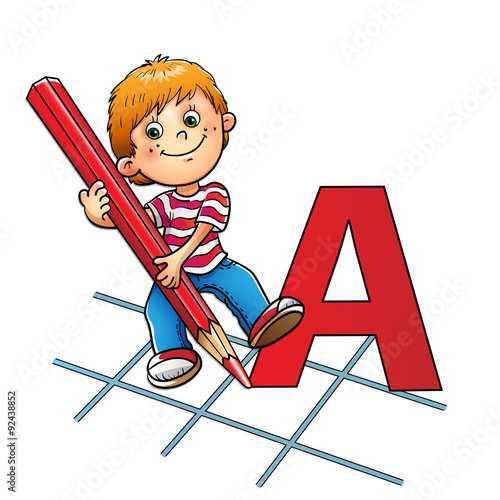 Young boy drawing a large letter in red pencil
