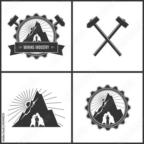 Miner in the Helmet with Pick Axe in the Bowels of the Mountain on a Background of the Sunburst in Gear , Crossed Hammer and Sledgehammer,Label or Badge Mine Shaft, Set  Emblem of the Mining Industry