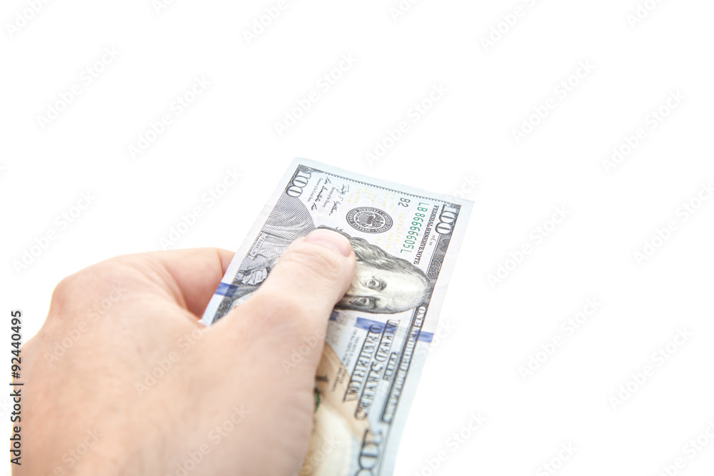 Hand out hundred dollar note. All on white background Hand out hundred dollar note. All on white background