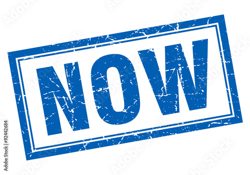 now blue square grunge stamp on white