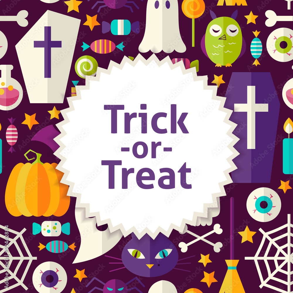 Naklejka premium Flat Vector Pattern Halloween Trick or Treat Background