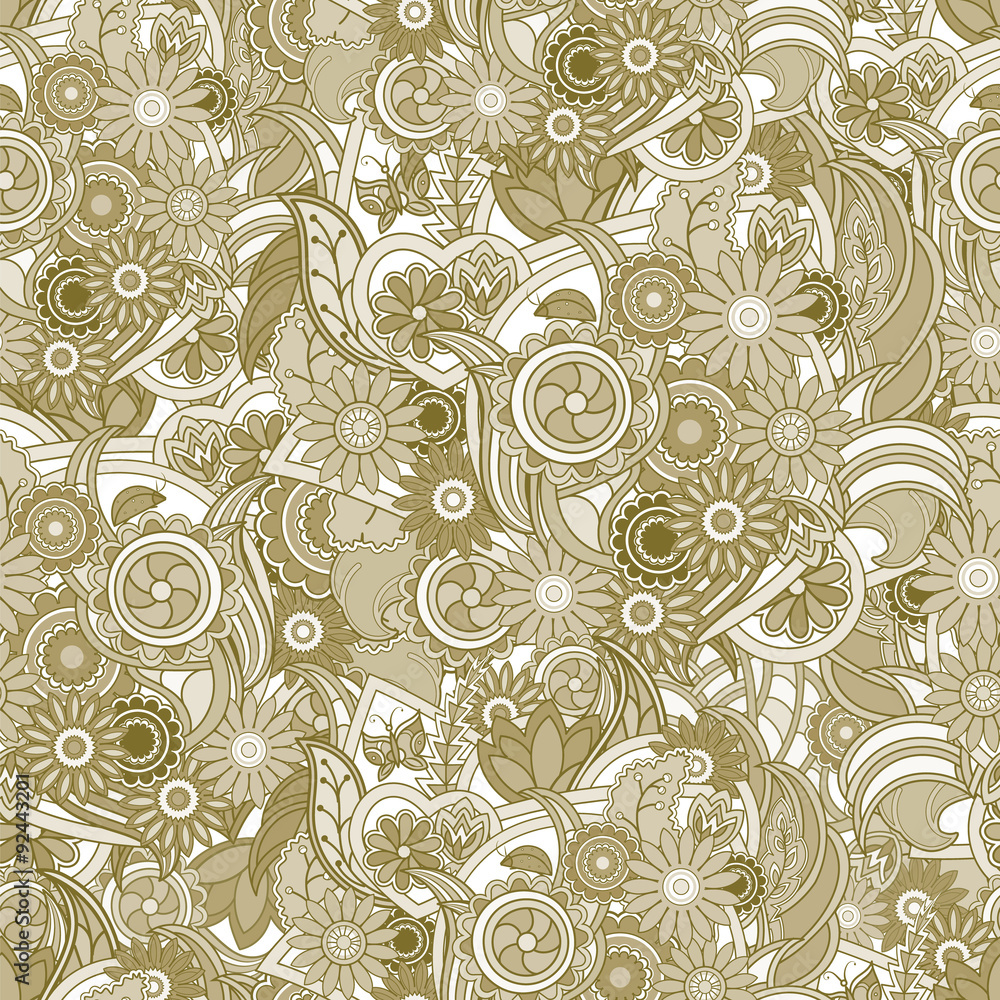 Floral yellow background. Seamless texture with flowers and gree Floral yellow background. Seamless texture with flowers and gree
