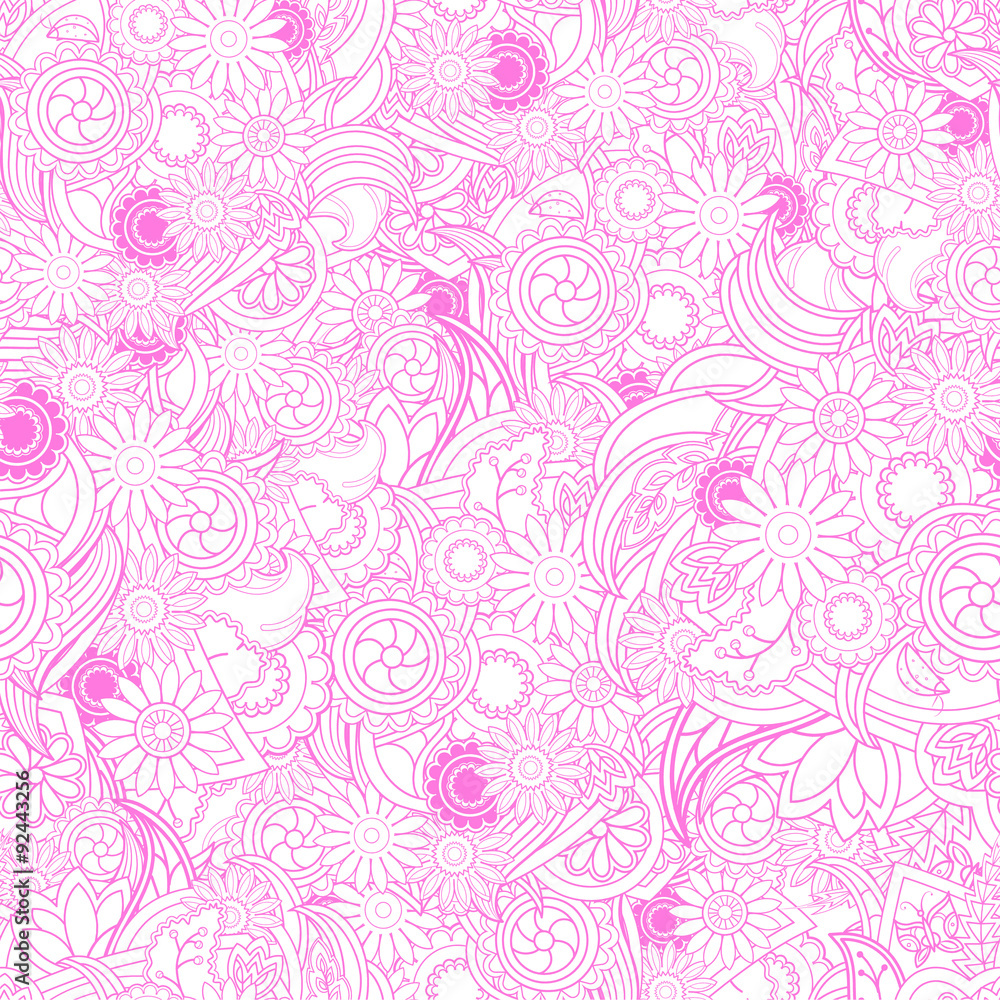 Floral pink background. Seamless texture with flowers and greene