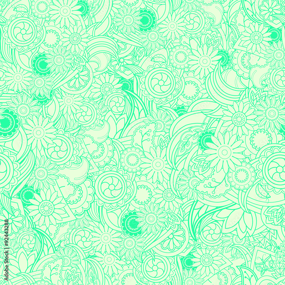 Floral light green background. Seamless texture with flowers and