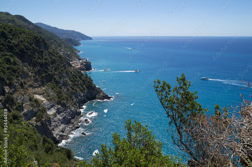 Hiking the Cinque Terre National Park , Italy. Ligurian coast view from the footpath  between  Monterosso al Mare and Vernazza.