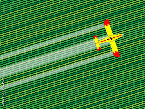 Crop duster airplane spraying a farm field. Vector illustration.