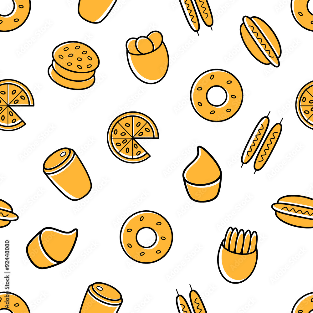 Fastfood pattern: chips, fries, sausage, coffee, doughnut, cupcake, hamburger, pizza