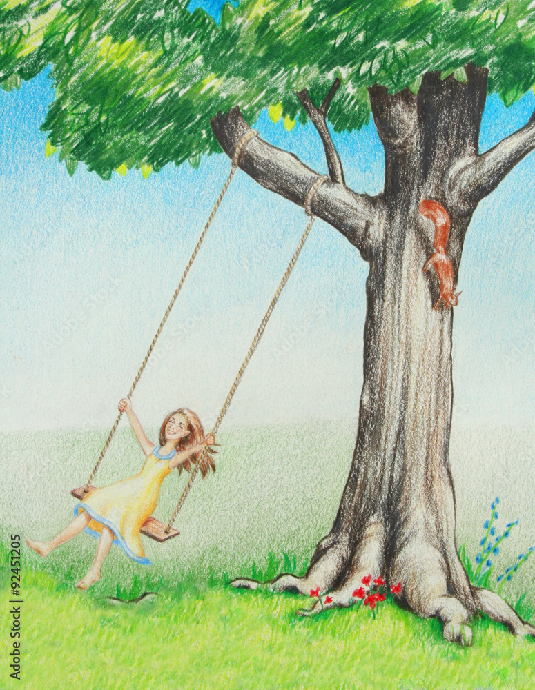 Splotch Drawing Of A Girl On A Swing Under A Tree Stock Illustration -  Download Image Now - Swinging, Abstract, Girls - iStock
