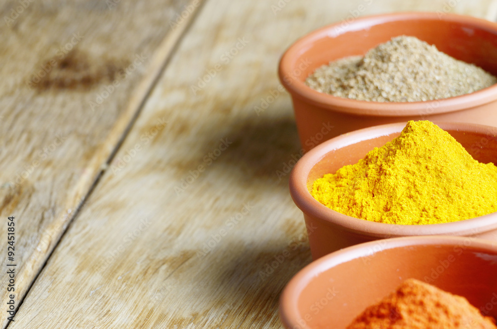 Paprika, mustard, coriander and turmeric spices Paprika, mustard, coriander and turmeric spices