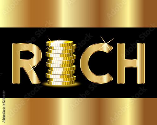 rich word with stack of golden coins