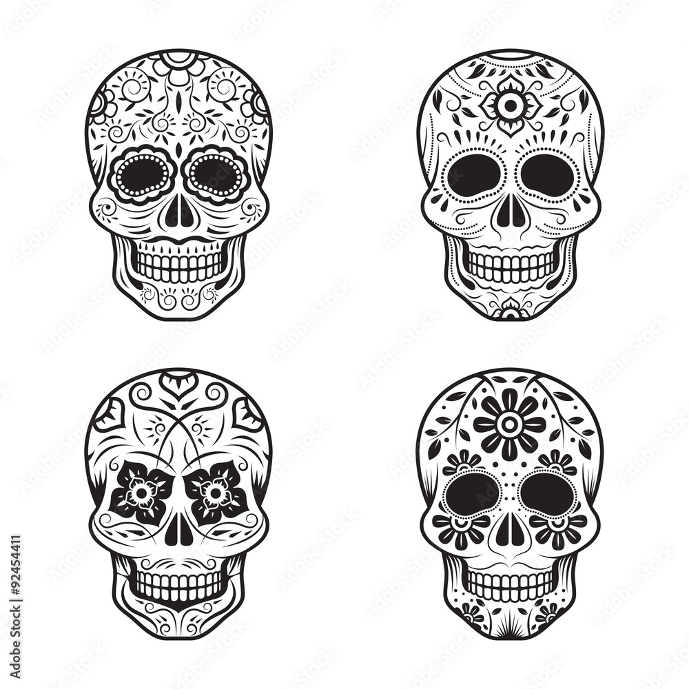 Day of the Dead Skulls, Black and White Set, White or Light Background