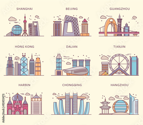 Icons Chinese Major Cities Flat Style
