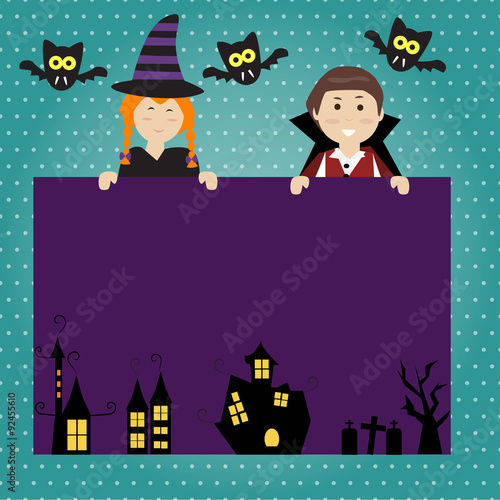 Happy Halloween background with cute little vampire and witch  v
