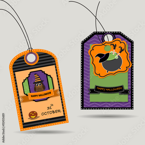 Happy Halloween tag with owls and the witch vector. illustration