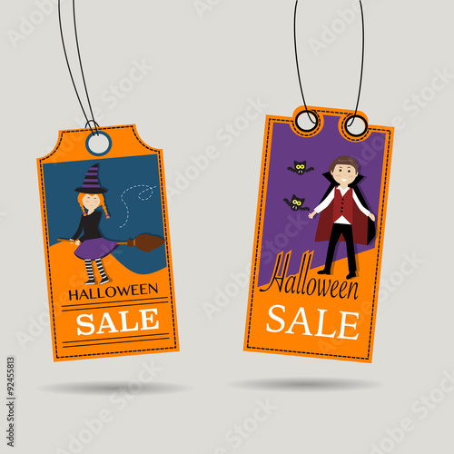 Happy Halloween background with cute little vampire and witch ve