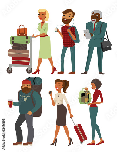 Various people cartoon characters with luggage
