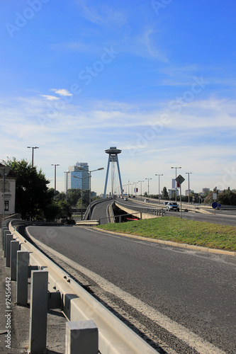 Novy Most or New Bridge in Bratislava, Slovakia with UFO restaurant on top of pylon