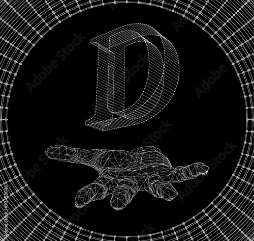 the letter D, of lines and dots on the arm. The hand holding