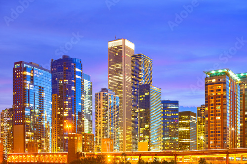 Chicago Illinois, USA Skyline of downtown modern illuminated buildings at sunset