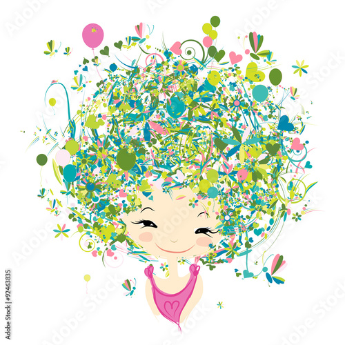 Female portrait with floral hairstyle for your design