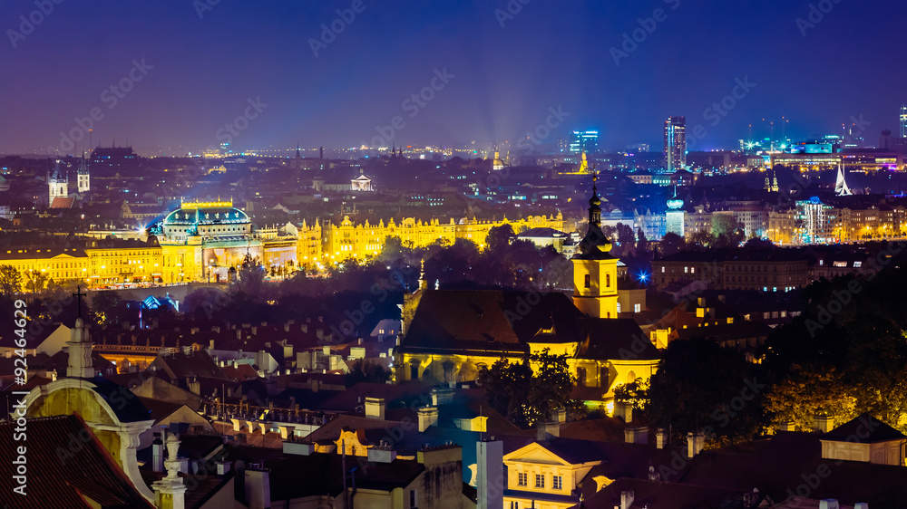 Night aerial view of cityscape of Prague, Czech Republic